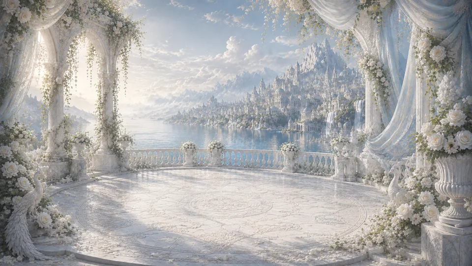 EchoQuest concept illustration of a white-rose palace terrace