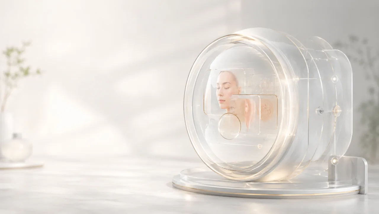 A private face-observation setting protected by a translucent privacy enclosure